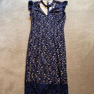 Adrianna Papell Navy Lace Midi Dress – Size 4 – Elegant Classic